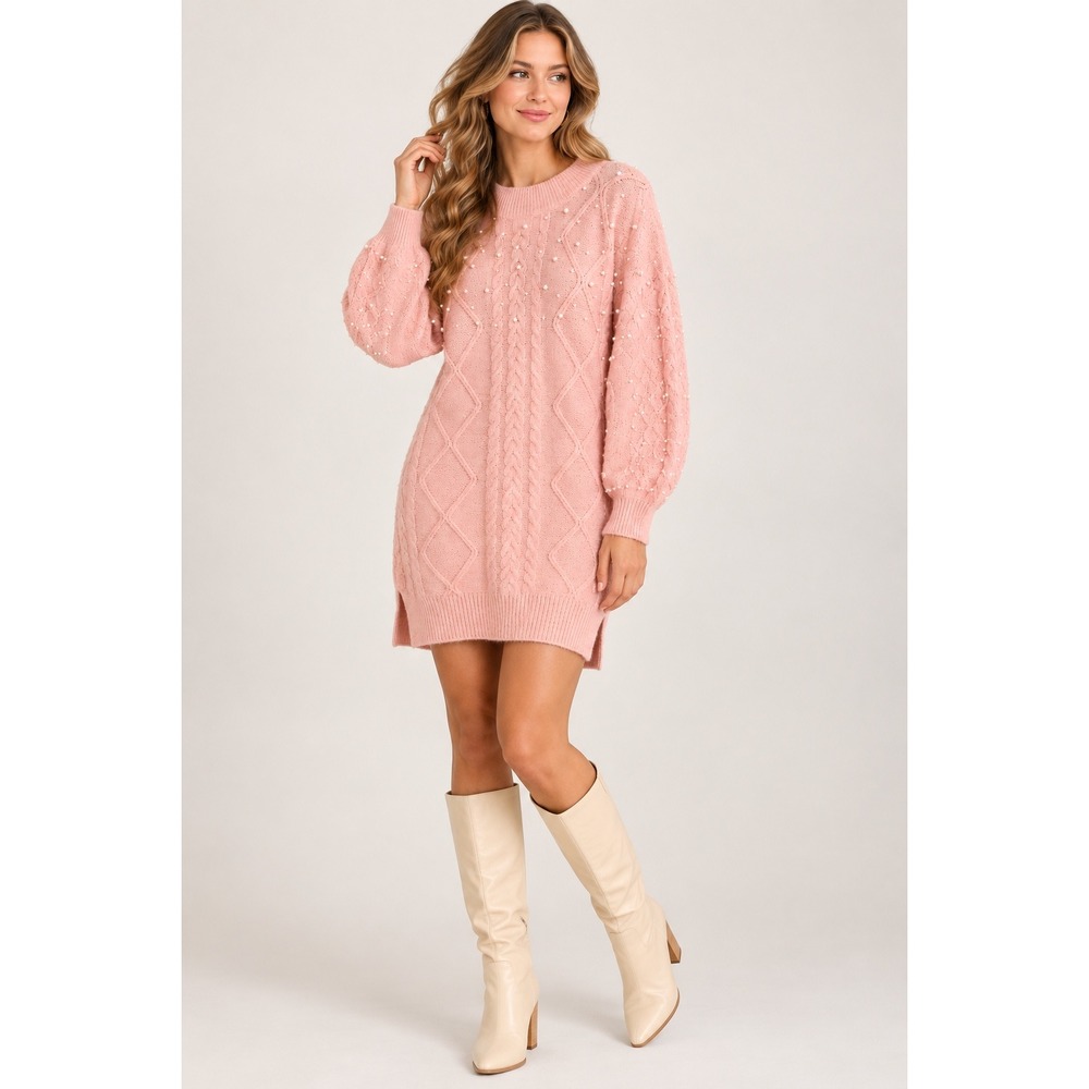 Francescas Pink Cable Knit Pearl Embellished Sweater Dress Medium